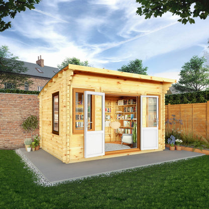 Mercia Helios 11' 5" x 13' 4" Curved Log Cabin - Premium 44mm Cladding Loglap - Brown UPVC