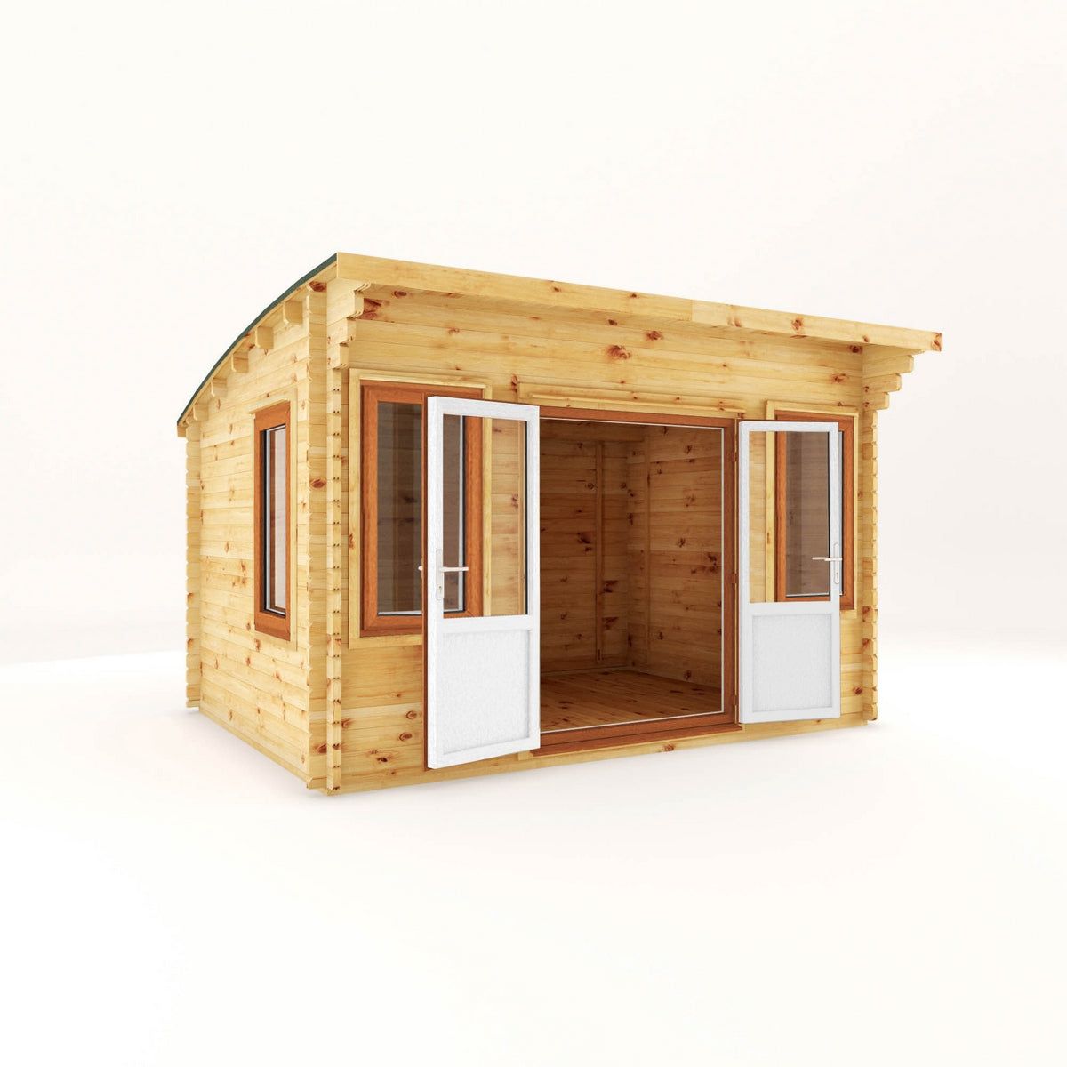 Mercia Helios 11' 5" x 13' 4" Curved Log Cabin - Premium 44mm Cladding Loglap - Brown UPVC