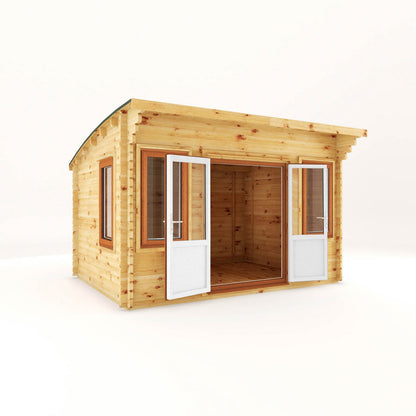 Mercia Helios 11' 5" x 13' 4" Curved Log Cabin - Premium 44mm Cladding Loglap - Brown UPVC