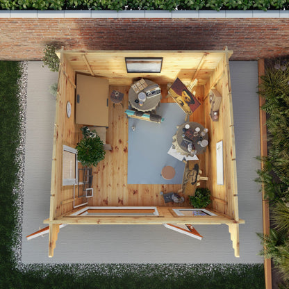 Mercia Helios 11' 5" x 10' Curved Log Cabin - Premium 44mm Cladding Loglap - Brown UPVC