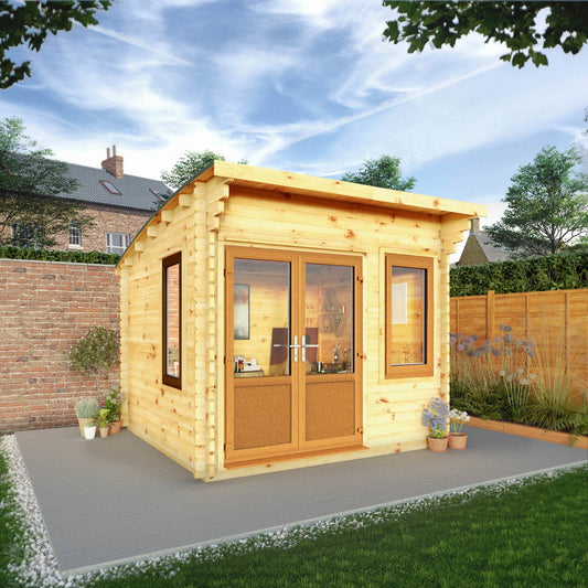 Mercia Helios 11' 5" x 10' Curved Log Cabin - Premium 44mm Cladding Loglap - Brown UPVC