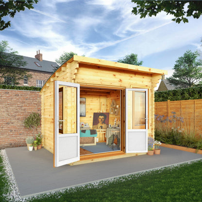 Mercia Helios 11' 5" x 10' Curved Log Cabin - Premium 44mm Cladding Loglap - Brown UPVC