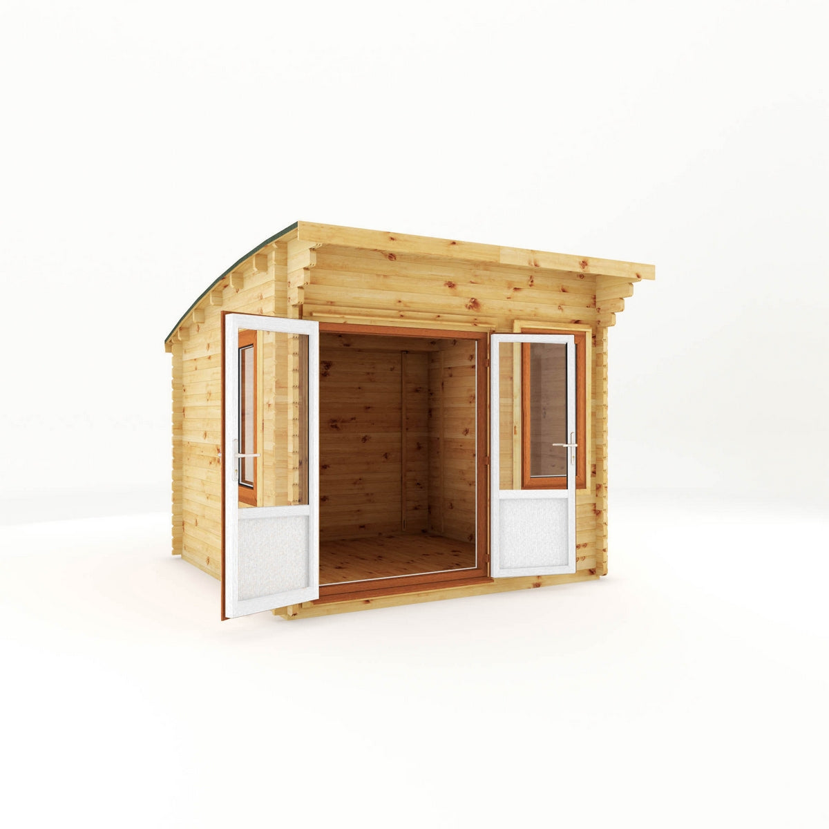 Mercia Helios 11' 5" x 10' Curved Log Cabin - Premium 44mm Cladding Loglap - Brown UPVC