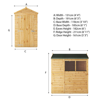 Mercia Woodsman 6' 3" x 4' 3" Apex Shed - Premium Dip Treated Shiplap - Glass Windows
