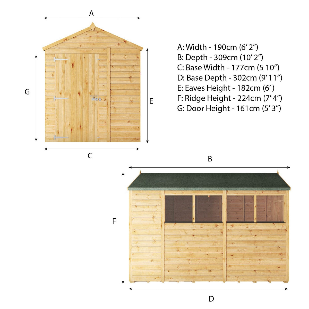 Mercia Woodsman 10' 1" x 6' 2" Apex Shed - Premium Dip Treated Shiplap - Glass Windows