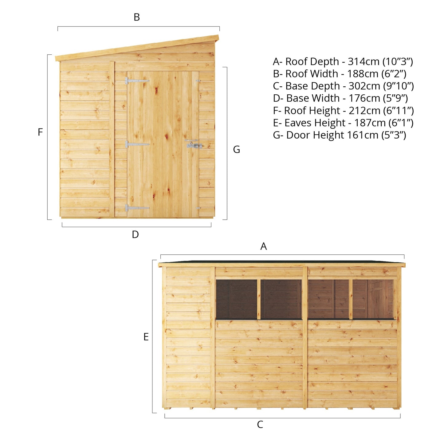 Mercia Woodsman 10' 3" x 6' 2" Pent Shed - Premium Dip Treated Shiplap - Styrene Windows