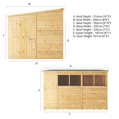 Mercia Woodsman 10' 3" x 8' Pent Shed - Premium Dip Treated Shiplap - Styrene Windows