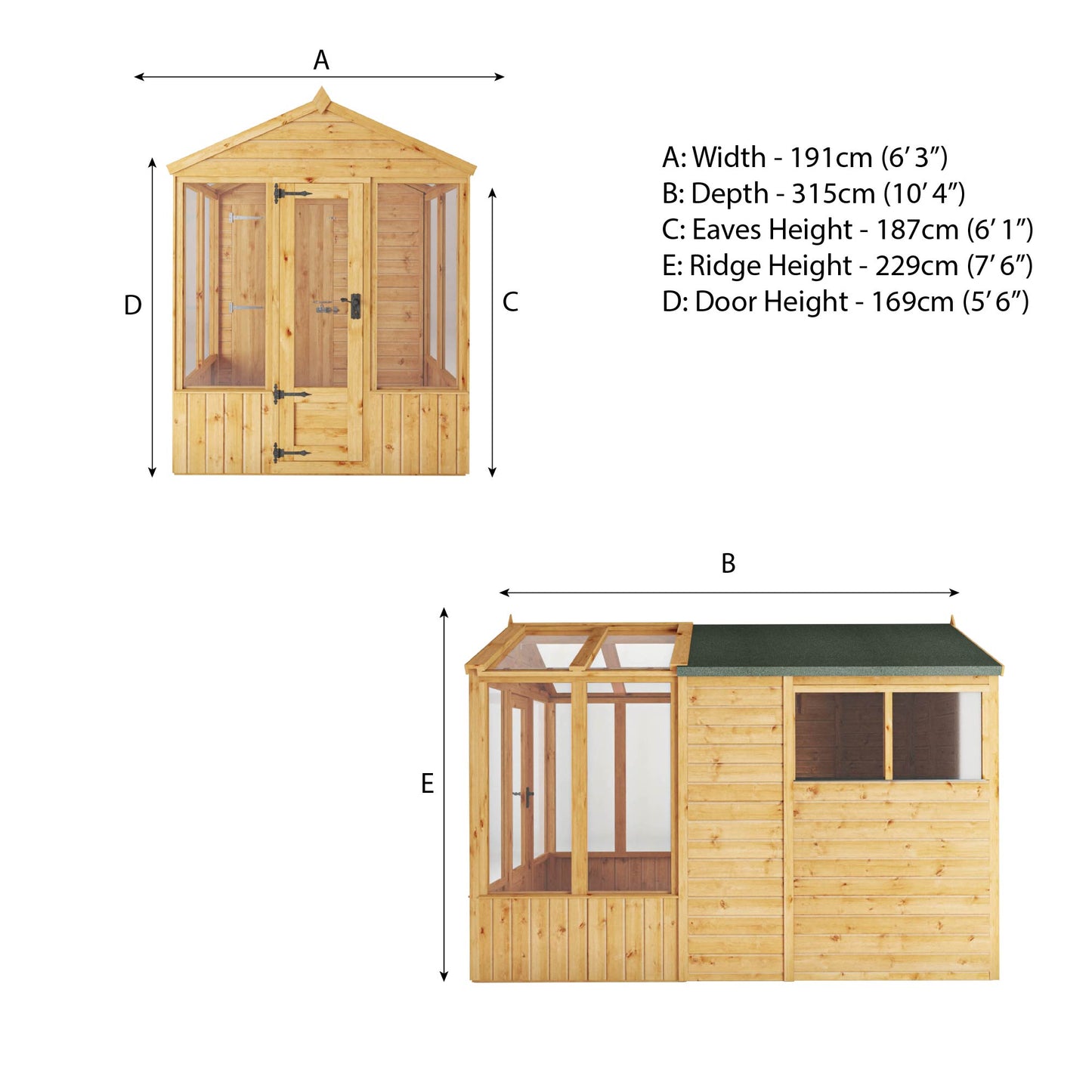 Mercia Woodsman 10' 4" x 6' 3" Apex Combi Greenhouse Shed - Premium Dip Treated Shiplap- Glass Windows
