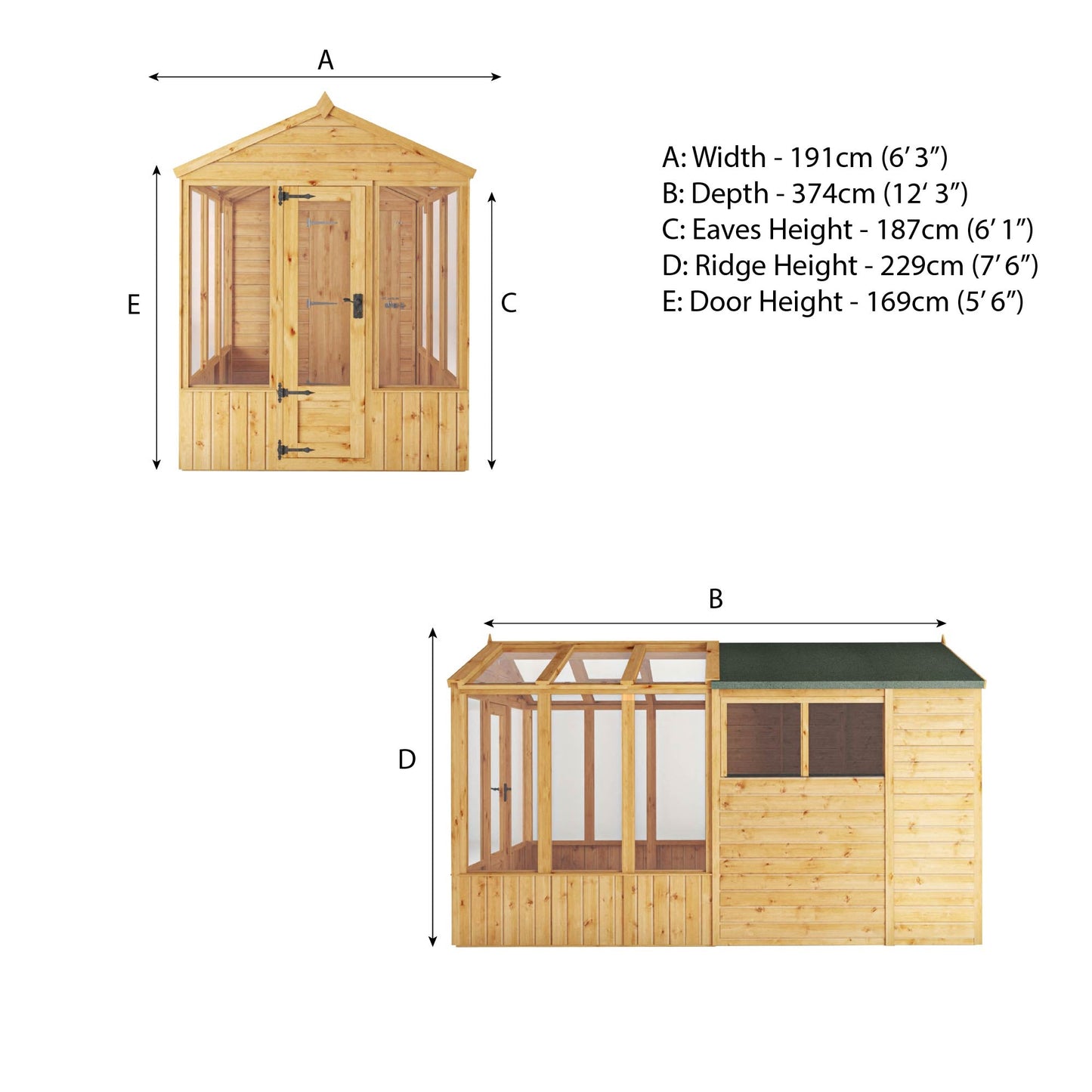 Mercia Woodsman 12' 3" x 6' 3" Apex Combi Greenhouse Shed - Premium Dip Treated Shiplap- Glass Windows