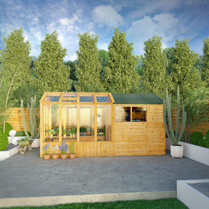 Mercia Woodsman 14' 2" x 6' 3" Apex Combi Greenhouse Shed - Premium Dip Treated Shiplap- Glass Windows