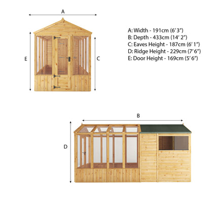 Mercia Woodsman 14' 2" x 6' 3" Apex Combi Greenhouse Shed - Premium Dip Treated Shiplap- Glass Windows